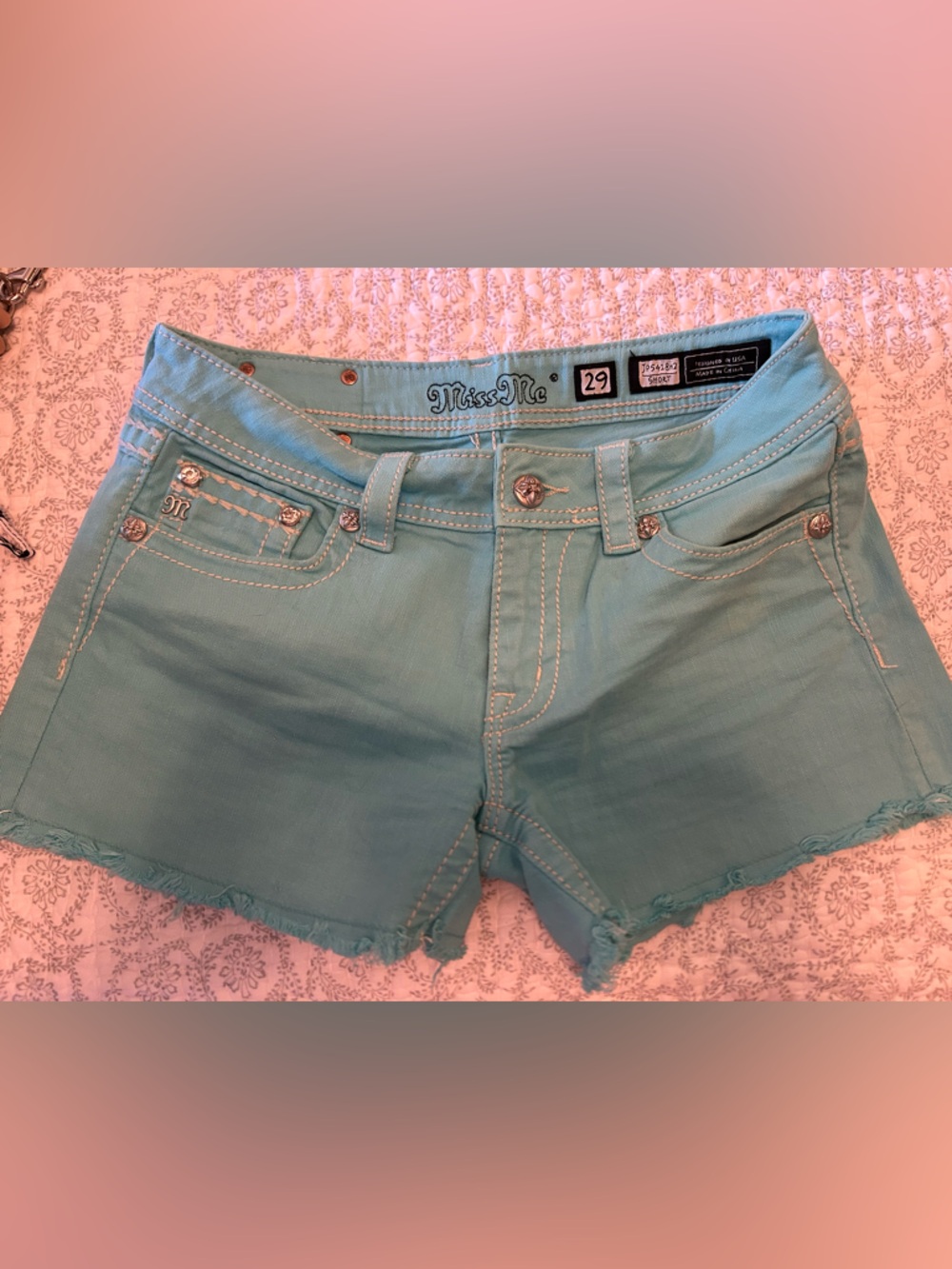 Miss Me Aqua Embellished Denim Shorts - Picture 2 of 7